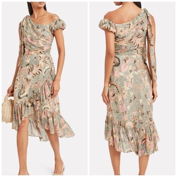 Ulla Johnson Uma Birds of Paradise Midi Silk Cotton Metallic Floral Midi Dress - Picture 1 of 10